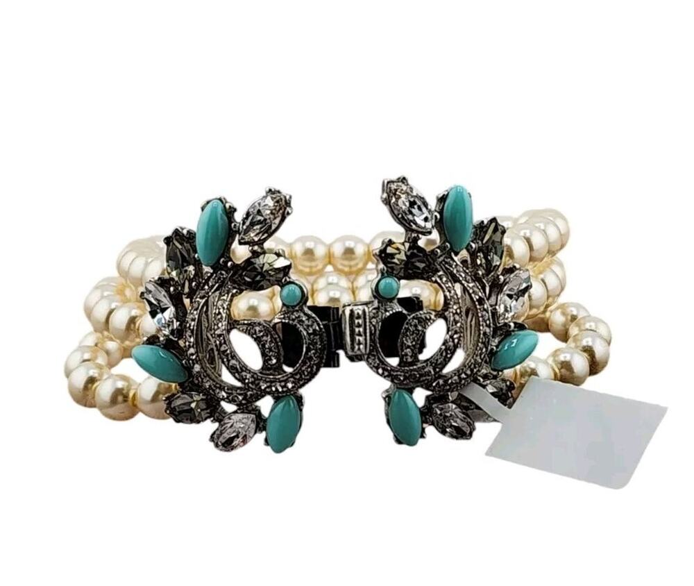 BEN AMUN Multi Strand Pearl Turquoise Crystal Stretch Bracelet 6"